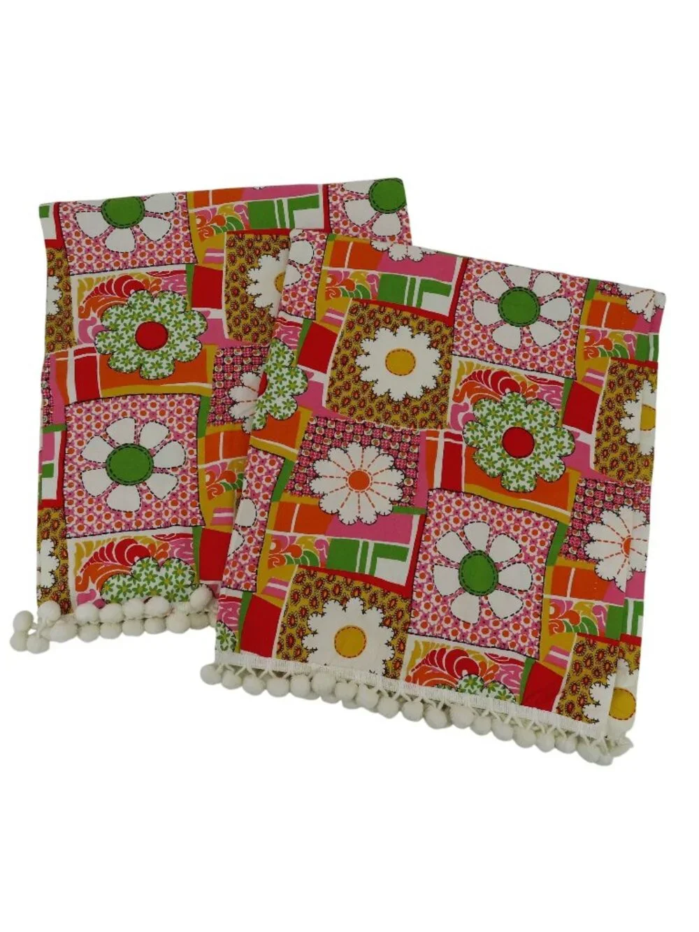 Retro 2 Curtains Pink White Yellow Orange Floral Flower Patchwork Pom Pom Trim